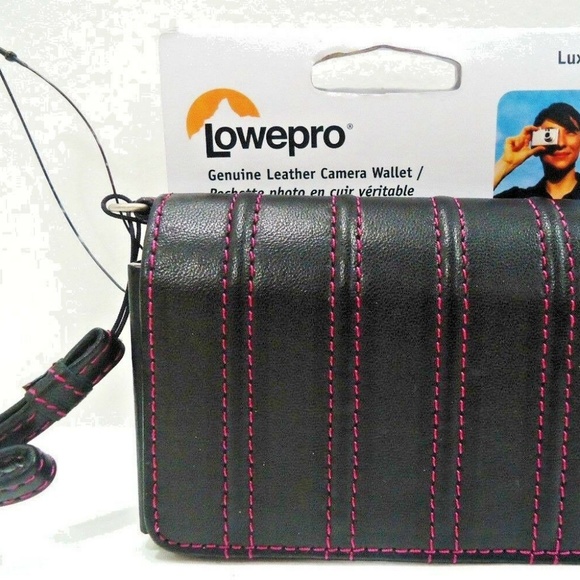 BLACK LEATHER CAMERA CASE orWALLET Pink Stitching - Picture 2 of 3